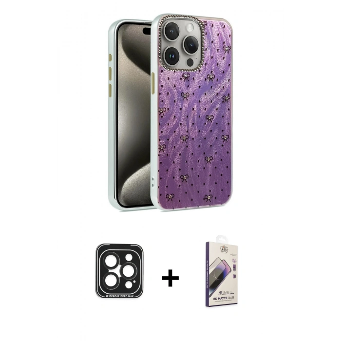 MARSİLYAN™- iPhone 15 Pro Max Kılıf Zirve Modern Prime - Siyah Bilvis 3D Mat Cam Ekran Koruyucu + Siyah PVD Metal Kamera Lens