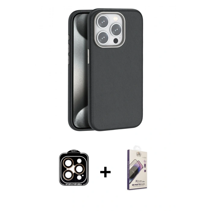 MARSİLYAN™- iPhone 15 Pro Max Kılıf Zirve Modern Prime - Siyah Bilvis 3D Mat Cam Ekran Koruyucu + Turuncu PVD Metal Kamera Lens