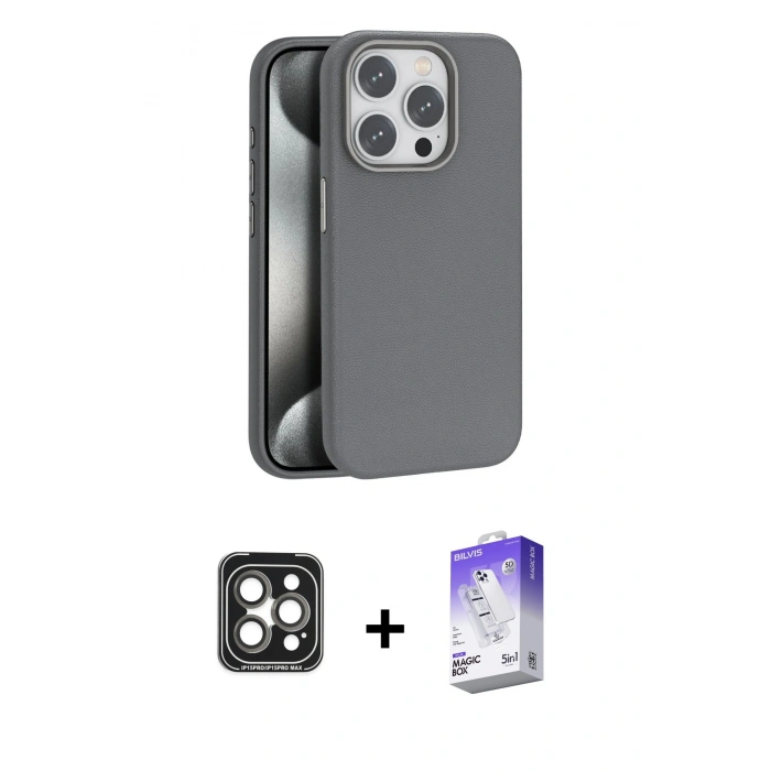 MARSİLYAN™- iPhone 15 Pro Max Kılıf Zirve Modern Prime - Siyah Bilvis 5in1 3D Magic Cam Ekran Koruyucu + PVD Metal Kamera Lens - GI
