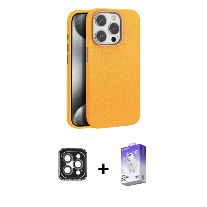MARSİLYAN™- iPhone 15 Pro Max Kılıf Zirve Modern Prime - Siyah Bilvis 5in1 3D Magic Cam Ekran Koruyucu + PVD Metal Kamera Lens - GI