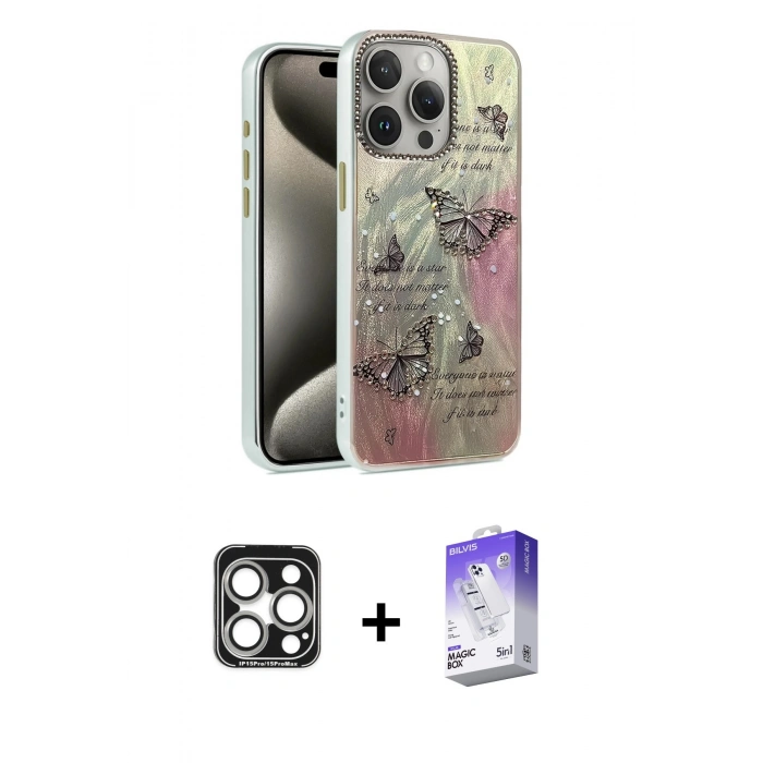 MARSİLYAN™- iPhone 15 Pro Max Kılıf Zirve Modern Prime - Siyah Bilvis 5in1 3D Magic Cam Ekran Koruyucu + PVD Metal Kamera Lens - GS