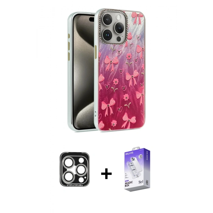 MARSİLYAN™- iPhone 15 Pro Max Kılıf Zirve Modern Prime - Siyah Bilvis 5in1 3D Magic Cam Ekran Koruyucu + PVD Metal Kamera Lens - GS