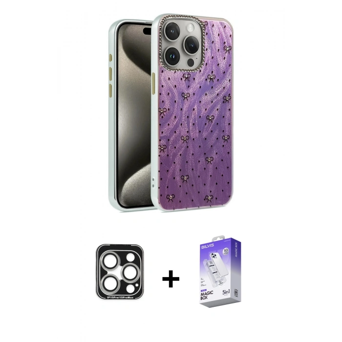 MARSİLYAN™- iPhone 15 Pro Max Kılıf Zirve Modern Prime - Siyah Bilvis 5in1 3D Magic Cam Ekran Koruyucu + PVD Metal Kamera Lens - GS