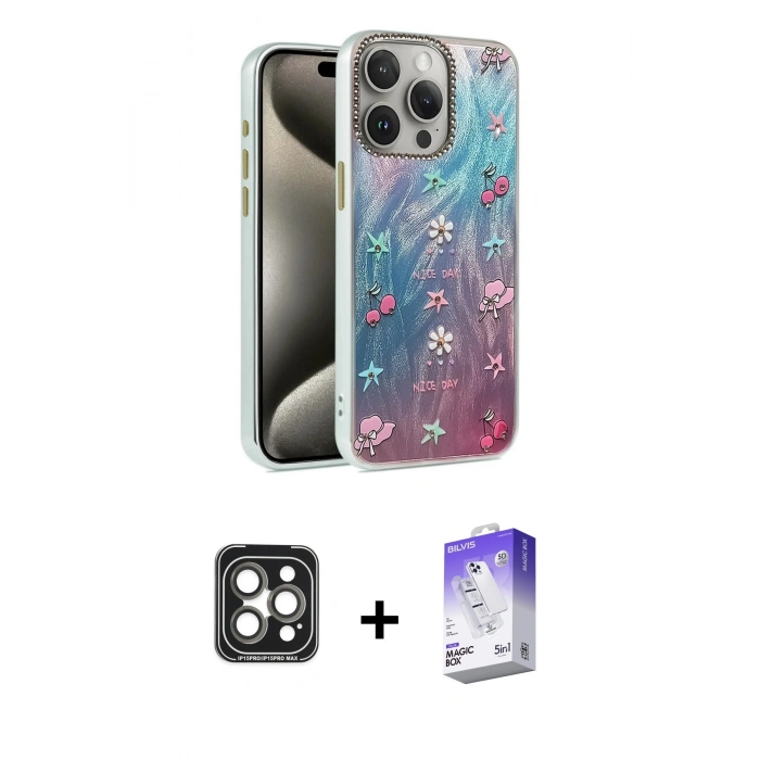 MARSİLYAN™- iPhone 15 Pro Max Kılıf Zirve Modern Prime - Siyah Bilvis 5in1 3D Magic Cam Ekran Koruyucu + PVD Metal Kamera Lens - GI