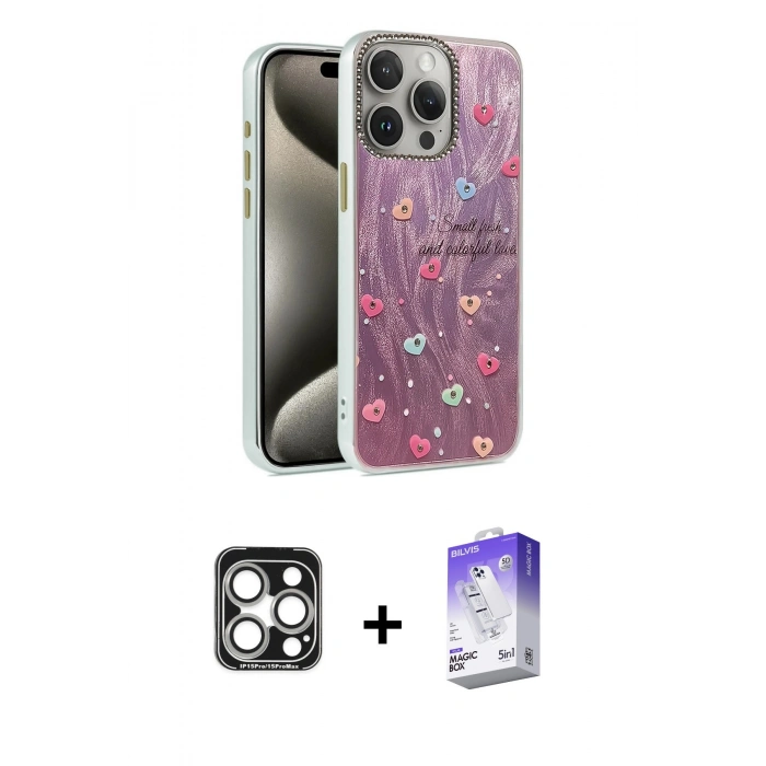MARSİLYAN™- iPhone 15 Pro Max Kılıf Zirve Modern Prime - Siyah Bilvis 5in1 3D Magic Cam Ekran Koruyucu + PVD Metal Kamera Lens - GS