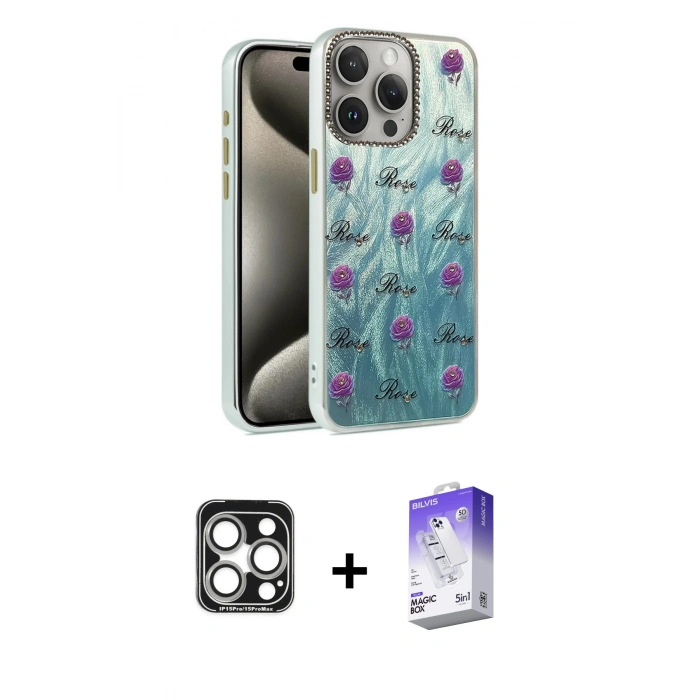 MARSİLYAN™- iPhone 15 Pro Max Kılıf Zirve Modern Prime - Siyah Bilvis 5in1 3D Magic Cam Ekran Koruyucu + PVD Metal Kamera Lens - GS