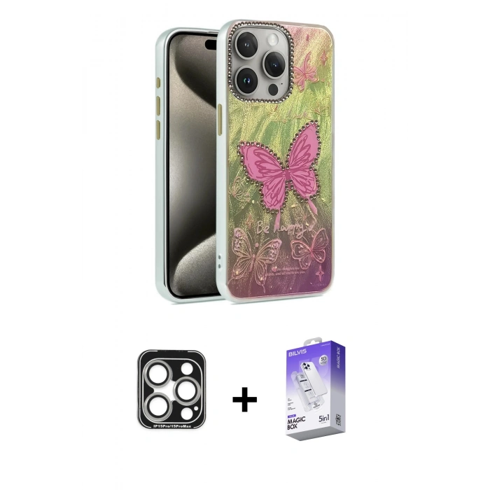 MARSİLYAN™- iPhone 15 Pro Max Kılıf Zirve Modern Prime - Siyah Bilvis 5in1 3D Magic Cam Ekran Koruyucu + PVD Metal Kamera Lens - GS