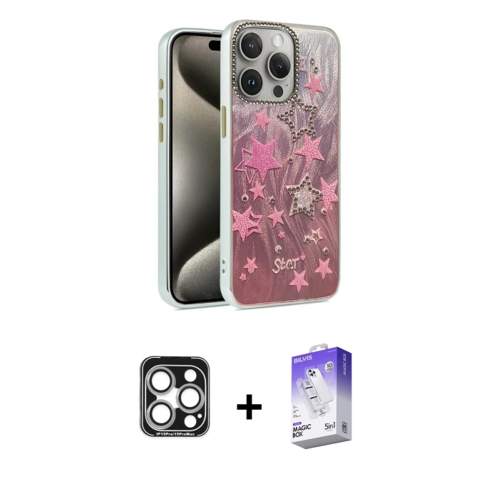 MARSİLYAN™- iPhone 15 Pro Max Kılıf Zirve Modern Prime - Siyah Bilvis 5in1 3D Magic Cam Ekran Koruyucu + PVD Metal Kamera Lens - GS