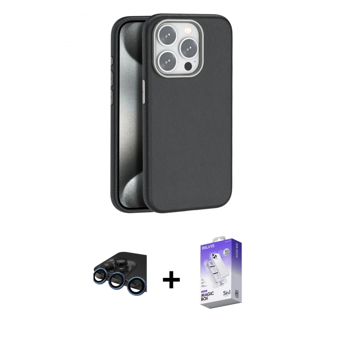 MARSİLYAN™- iPhone 15 Pro Max Kılıf Zirve Modern Prime - Siyah Bilvis 5in1 3D Magic Cam Ekran Koruyucu + Raze Metal Kamera Lens - LT