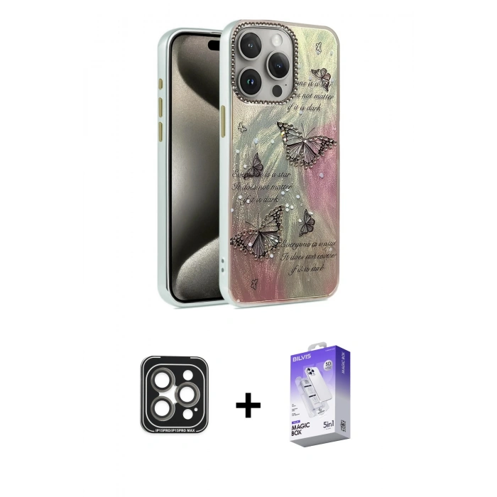 MARSİLYAN™- iPhone 15 Pro Max Kılıf Zirve Modern Prime - Siyah Bilvis 5in1 3D Magic Cam Ekran Koruyucu + PVD Metal Kamera Lens - GI