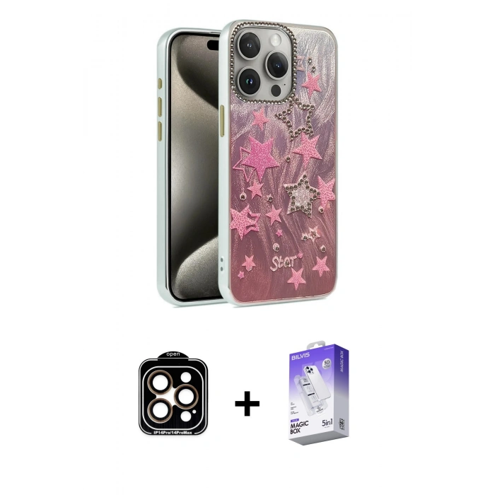 MARSİLYAN™- iPhone 15 Pro Max Kılıf Zirve Modern Prime - Siyah Bilvis 5in1 3D Magic Cam Ekran Koruyucu + PVD Metal Kamera Lens - TU