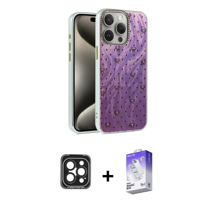 MARSİLYAN™- iPhone 15 Pro Max Kılıf Zirve Modern Prime - Siyah Bilvis 5in1 3D Magic Cam Ekran Koruyucu + PVD Metal Kamera Lens - SH