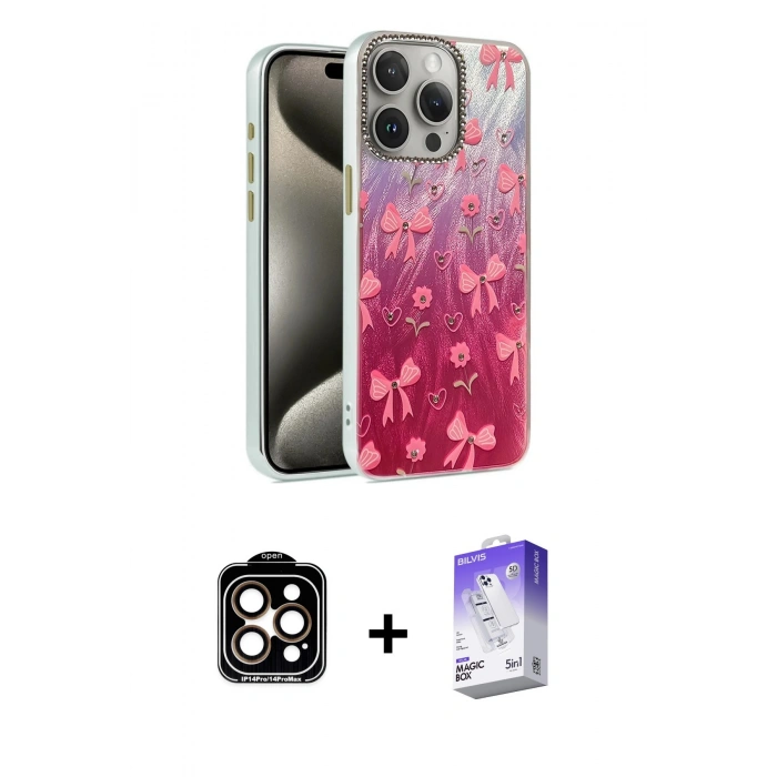 MARSİLYAN™- iPhone 15 Pro Max Kılıf Zirve Modern Prime - Siyah Bilvis 5in1 3D Magic Cam Ekran Koruyucu + PVD Metal Kamera Lens - TU