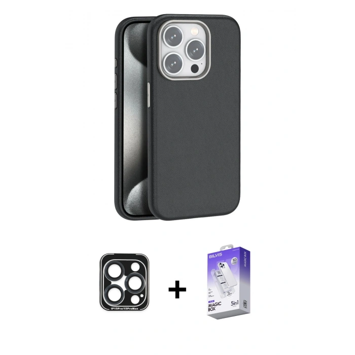 MARSİLYAN™- iPhone 15 Pro Max Kılıf Zirve Modern Prime - Siyah Bilvis 5in1 3D Magic Cam Ekran Koruyucu + PVD Metal Kamera Lens - LT