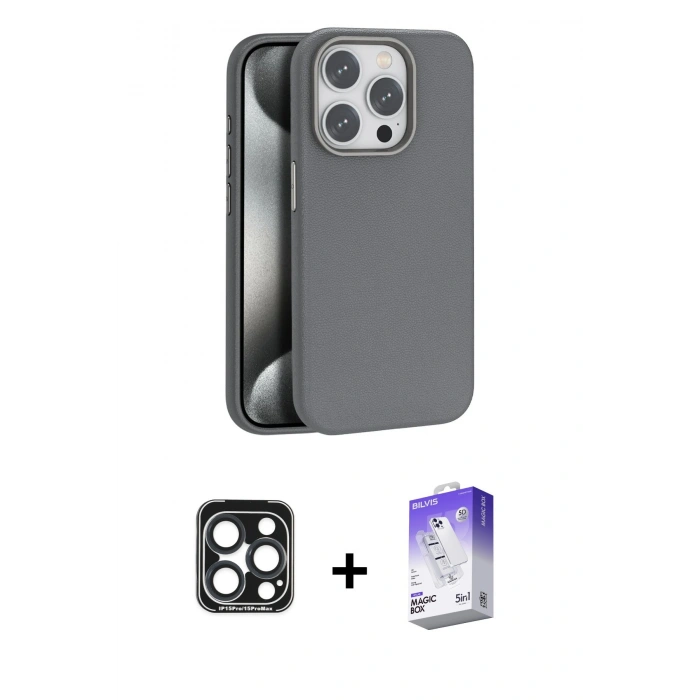 MARSİLYAN™- iPhone 15 Pro Max Kılıf Zirve Modern Prime - Siyah Bilvis 5in1 3D Magic Cam Ekran Koruyucu + PVD Metal Kamera Lens - LT