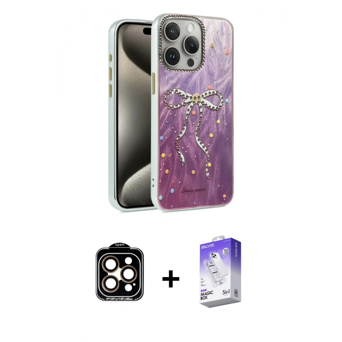 MARSİLYAN™- iPhone 15 Pro Max Kılıf Zirve Modern Prime - Siyah Bilvis 5in1 3D Magic Cam Ekran Koruyucu + PVD Metal Kamera Lens - TU
