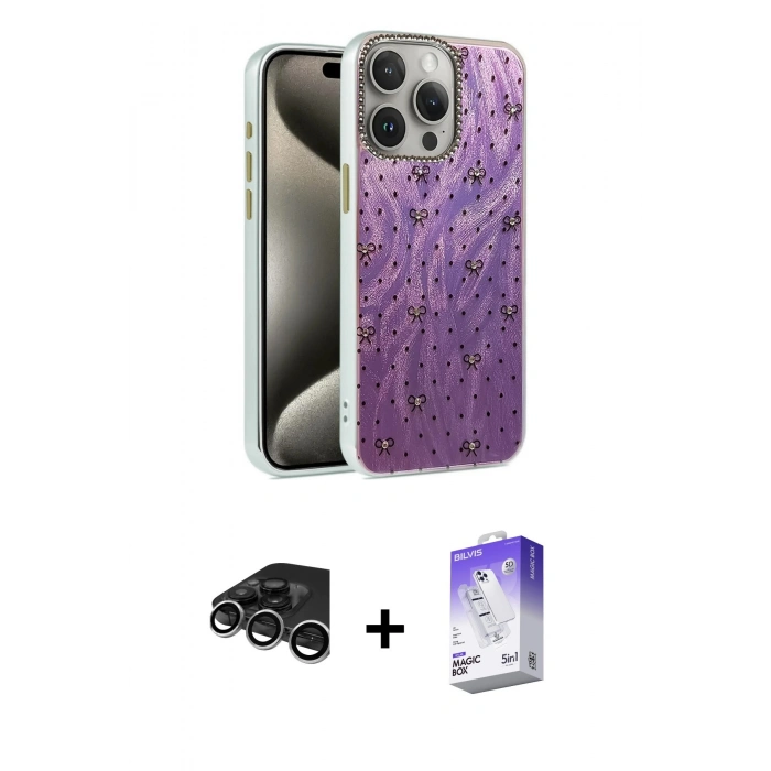 MARSİLYAN™- iPhone 15 Pro Max Kılıf Zirve Modern Prime - Siyah Bilvis 5in1 3D Magic Cam Ekran Koruyucu + Raze Metal Kamera Lens - GS