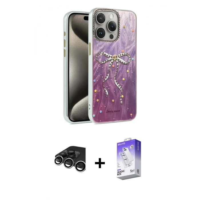 MARSİLYAN™- iPhone 15 Pro Max Kılıf Zirve Modern Prime - Siyah Bilvis 5in1 3D Magic Cam Ekran Koruyucu + Raze Metal Kamera Lens - GS