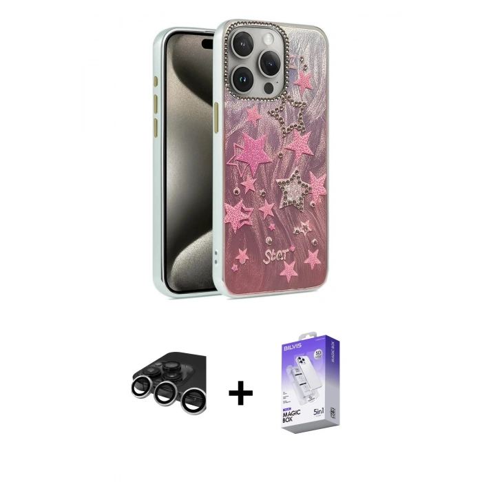MARSİLYAN™- iPhone 15 Pro Max Kılıf Zirve Modern Prime - Siyah Bilvis 5in1 3D Magic Cam Ekran Koruyucu + Raze Metal Kamera Lens - GS