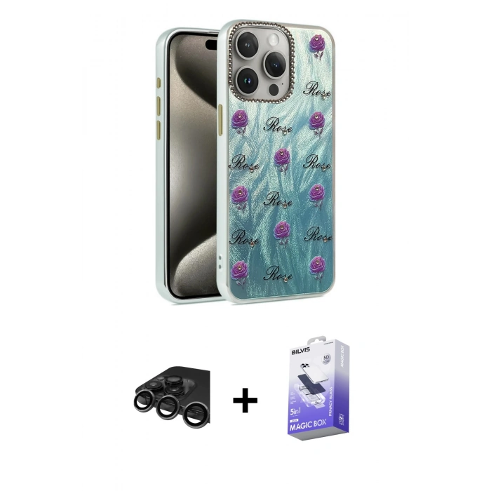 MARSİLYAN™- iPhone 15 Pro Max Kılıf Zirve Modern Prime - Siyah Bilvis 5in1 5D Magic Hayalet Cam Ekran Koruyucu + Raze Metal Kamera Lens - TMGI