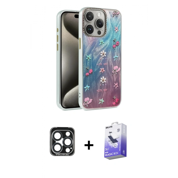 MARSİLYAN™- iPhone 15 Pro Max Kılıf Zirve Modern Prime - Siyah Bilvis 5in1 5D Magic Hayalet Cam Ekran Koruyucu + PVD Metal Kamera Lens - LT