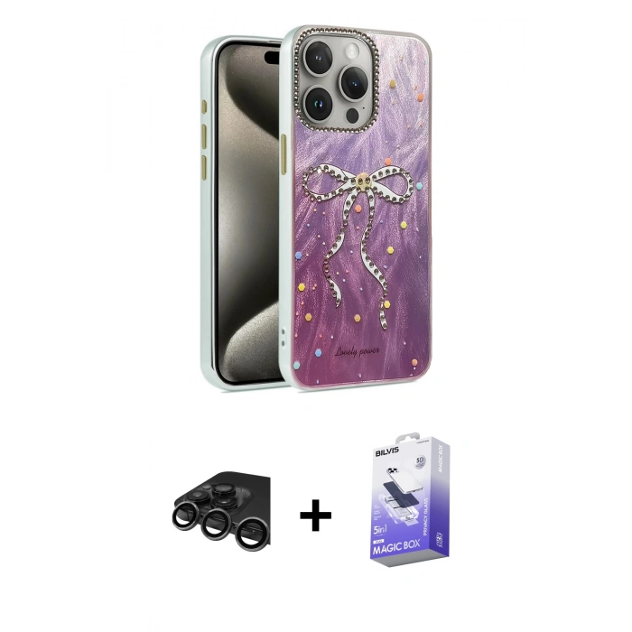 MARSİLYAN™- iPhone 15 Pro Max Kılıf Zirve Modern Prime - Siyah Bilvis 5in1 5D Magic Hayalet Cam Ekran Koruyucu + Raze Metal Kamera Lens - TMGI