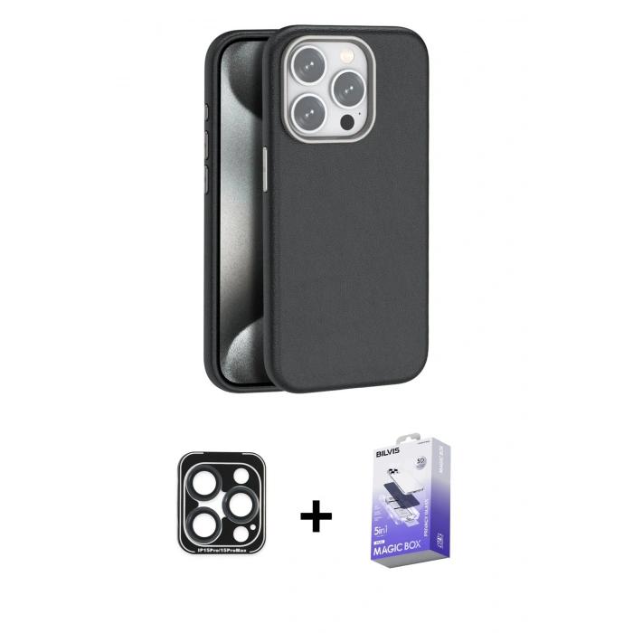 MARSİLYAN™- iPhone 15 Pro Max Kılıf Zirve Modern Prime - Siyah Bilvis 5in1 5D Magic Hayalet Cam Ekran Koruyucu + PVD Metal Kamera Lens - LT