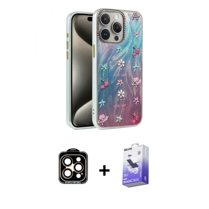 MARSİLYAN™- iPhone 15 Pro Max Kılıf Zirve Modern Prime - Siyah Bilvis 5in1 5D Magic Hayalet Cam Ekran Koruyucu + PVD Metal Kamera Lens - TU