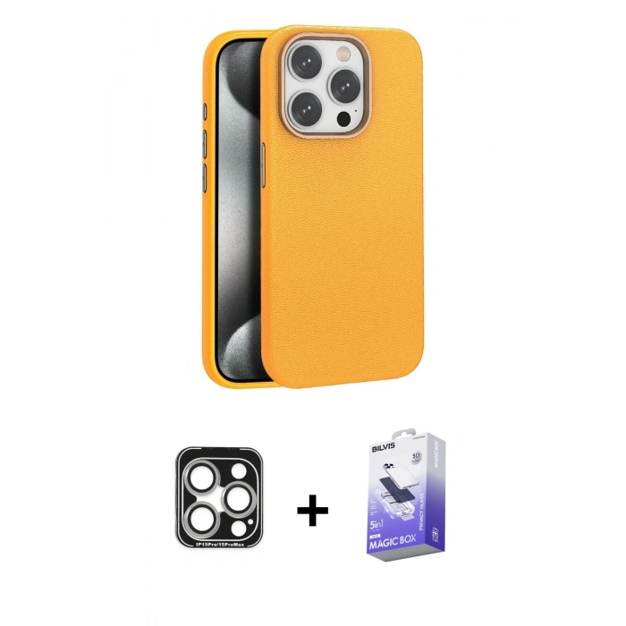 MARSİLYAN™- iPhone 15 Pro Max Kılıf Zirve Modern Prime - Siyah Bilvis 5in1 5D Magic Hayalet Cam Ekran Koruyucu + PVD Metal Kamera Lens - GS