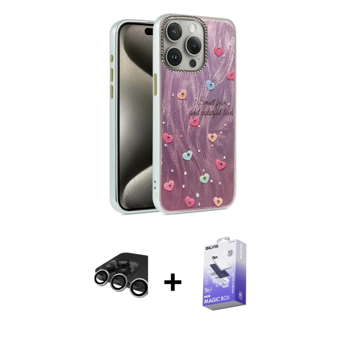 MARSİLYAN™- iPhone 15 Pro Max Kılıf Zirve Modern Prime - Siyah Bilvis 5in1 5D Magic Hayalet Cam Ekran Koruyucu + Raze Metal Kamera Lens - GS