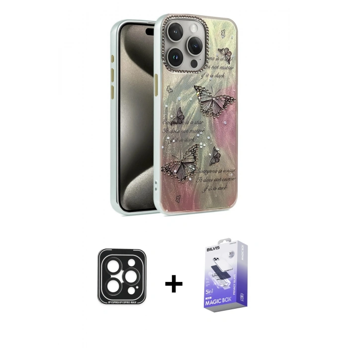 MARSİLYAN™- iPhone 15 Pro Max Kılıf Zirve Modern Prime - Siyah Bilvis 5in1 5D Magic Hayalet Cam Ekran Koruyucu + PVD Metal Kamera Lens - SH