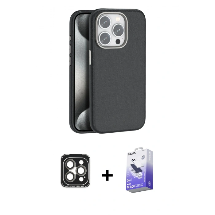 MARSİLYAN™- iPhone 15 Pro Max Kılıf Zirve Modern Prime - Siyah Bilvis 5in1 5D Magic Hayalet Cam Ekran Koruyucu + PVD Metal Kamera Lens - GI
