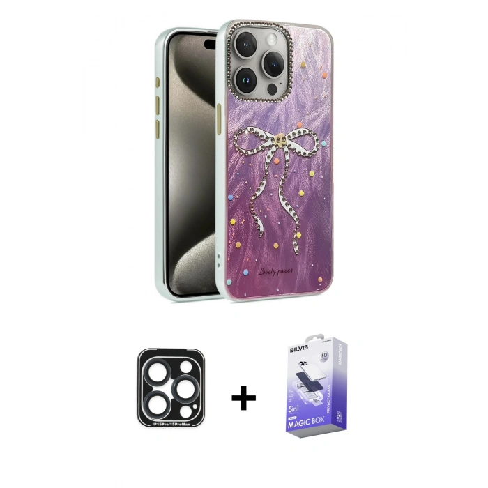 MARSİLYAN™- iPhone 15 Pro Max Kılıf Zirve Modern Prime - Siyah Bilvis 5in1 5D Magic Hayalet Cam Ekran Koruyucu + PVD Metal Kamera Lens - LT