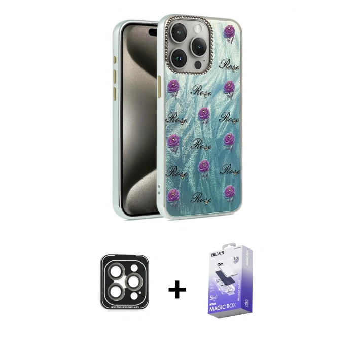MARSİLYAN™- iPhone 15 Pro Max Kılıf Zirve Modern Prime - Siyah Bilvis 5in1 5D Magic Hayalet Cam Ekran Koruyucu + PVD Metal Kamera Lens - GI