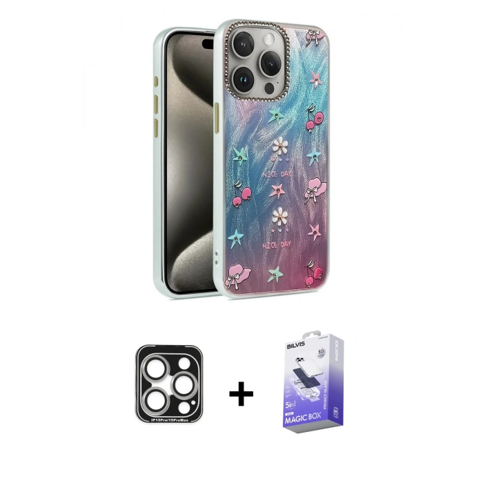 MARSİLYAN™- iPhone 15 Pro Max Kılıf Zirve Modern Prime - Siyah Bilvis 5in1 5D Magic Hayalet Cam Ekran Koruyucu + PVD Metal Kamera Lens - GS