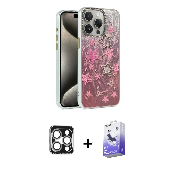 MARSİLYAN™- iPhone 15 Pro Max Kılıf Zirve Modern Prime - Siyah Bilvis 5in1 5D Magic Hayalet Cam Ekran Koruyucu + PVD Metal Kamera Lens - GS