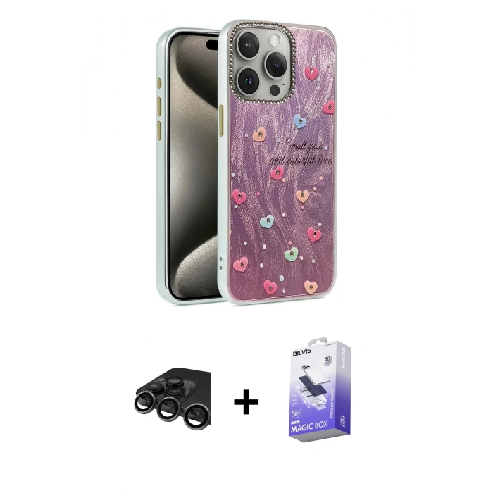 MARSİLYAN™- iPhone 15 Pro Max Kılıf Zirve Modern Prime - Siyah Bilvis 5in1 5D Magic Hayalet Cam Ekran Koruyucu + Raze Metal Kamera Lens - TMGI