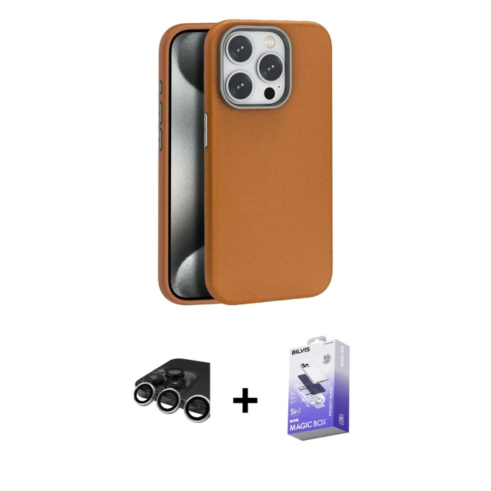 MARSİLYAN™- iPhone 15 Pro Max Kılıf Zirve Modern Prime - Siyah Bilvis 5in1 5D Magic Hayalet Cam Ekran Koruyucu + Gümüş Raze Metal Kamera Lens