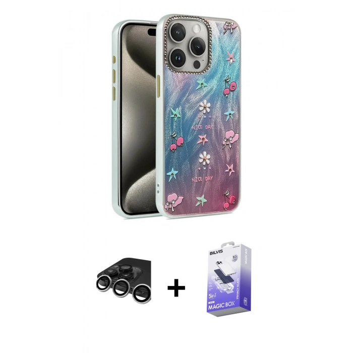 MARSİLYAN™- iPhone 15 Pro Max Kılıf Zirve Modern Prime - Siyah Bilvis 5in1 5D Magic Hayalet Cam Ekran Koruyucu + Gümüş Raze Metal Kamera Lens