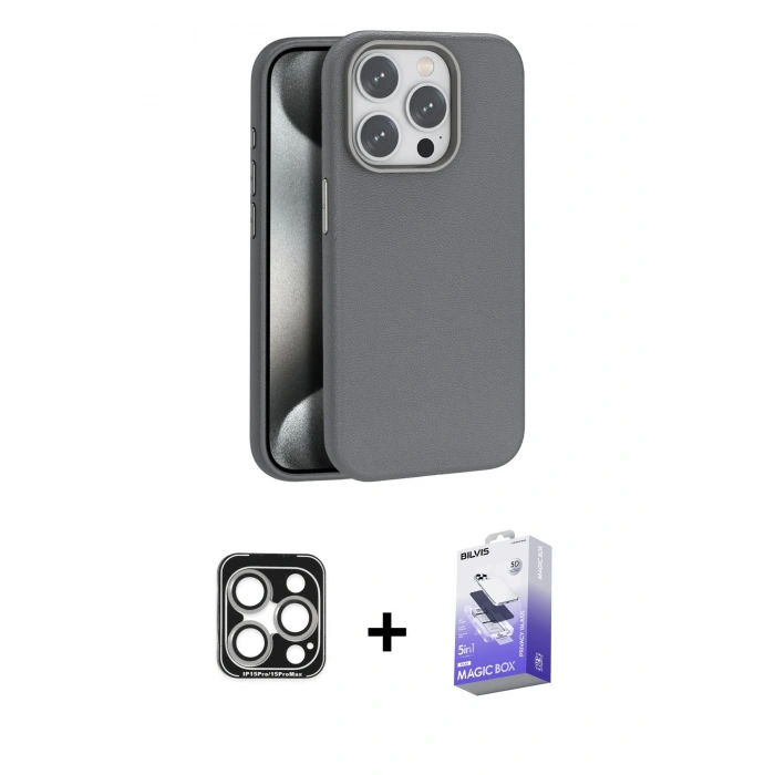 MARSİLYAN™- iPhone 15 Pro Max Kılıf Zirve Modern Prime - Siyah Bilvis 5in1 5D Magic Hayalet Cam Ekran Koruyucu + PVD Metal Kamera Lens - GS