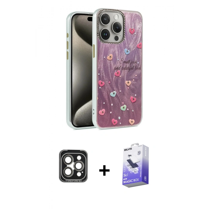 MARSİLYAN™- iPhone 15 Pro Max Kılıf Zirve Modern Prime - Siyah Bilvis 5in1 5D Magic Hayalet Cam Ekran Koruyucu + PVD Metal Kamera Lens - GI