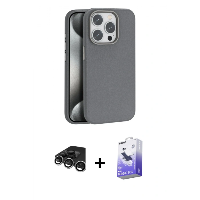 MARSİLYAN™- iPhone 15 Pro Max Kılıf Zirve Modern Prime - Siyah Bilvis 5in1 5D Magic Hayalet Cam Ekran Koruyucu + Gümüş Raze Metal Kamera Lens