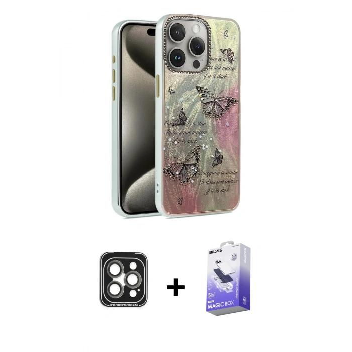 MARSİLYAN™- iPhone 15 Pro Max Kılıf Zirve Modern Prime - Siyah Bilvis 5in1 5D Magic Hayalet Cam Ekran Koruyucu + PVD Metal Kamera Lens - GI