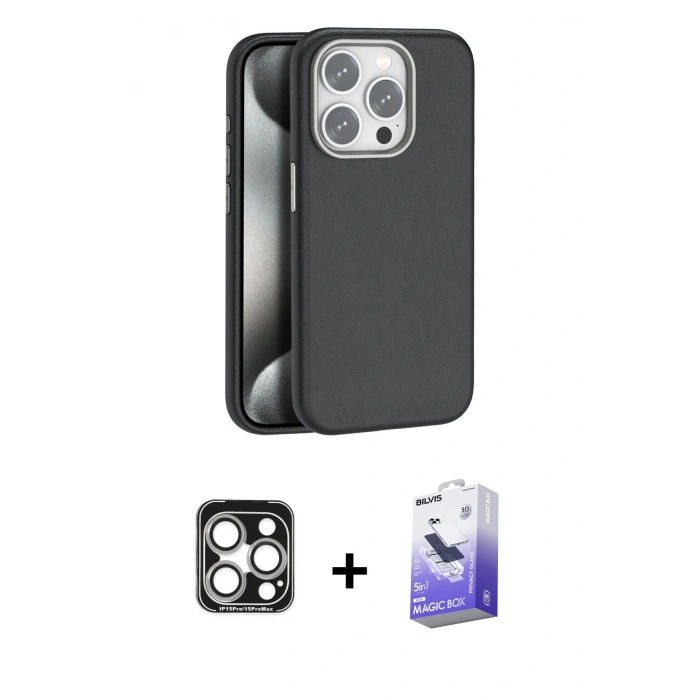 MARSİLYAN™- iPhone 15 Pro Max Kılıf Zirve Modern Prime - Siyah Bilvis 5in1 5D Magic Hayalet Cam Ekran Koruyucu + PVD Metal Kamera Lens - GS