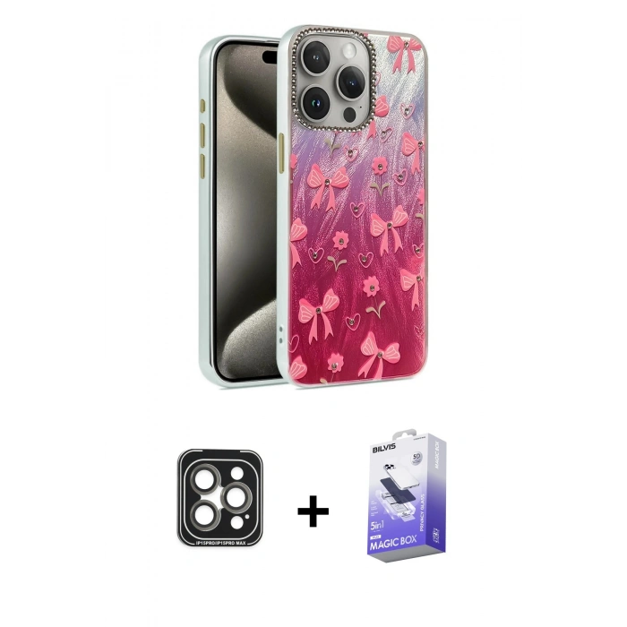 MARSİLYAN™- iPhone 15 Pro Max Kılıf Zirve Modern Prime - Siyah Bilvis 5in1 5D Magic Hayalet Cam Ekran Koruyucu + PVD Metal Kamera Lens - GI