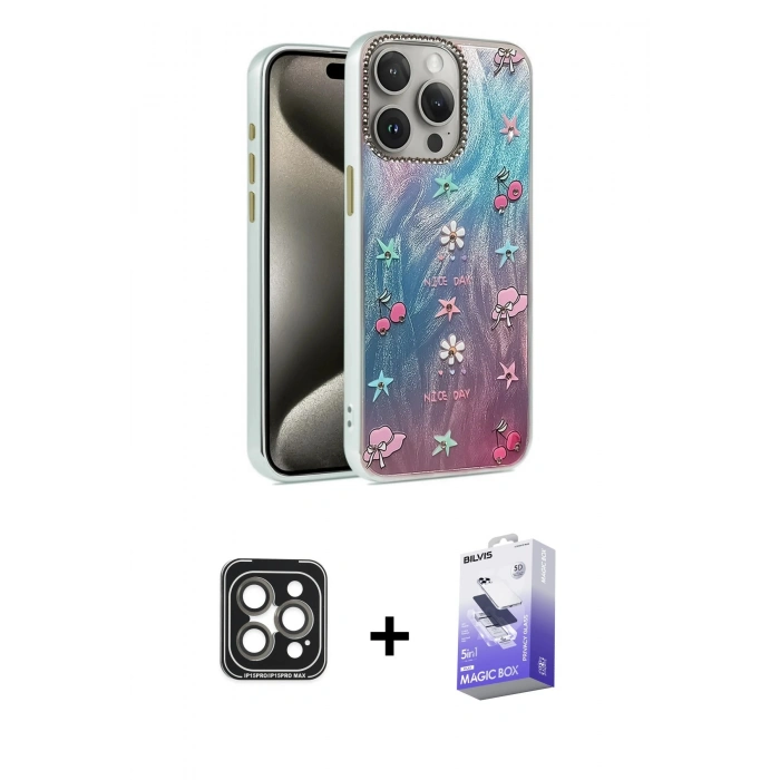 MARSİLYAN™- iPhone 15 Pro Max Kılıf Zirve Modern Prime - Siyah Bilvis 5in1 5D Magic Hayalet Cam Ekran Koruyucu + PVD Metal Kamera Lens - GI