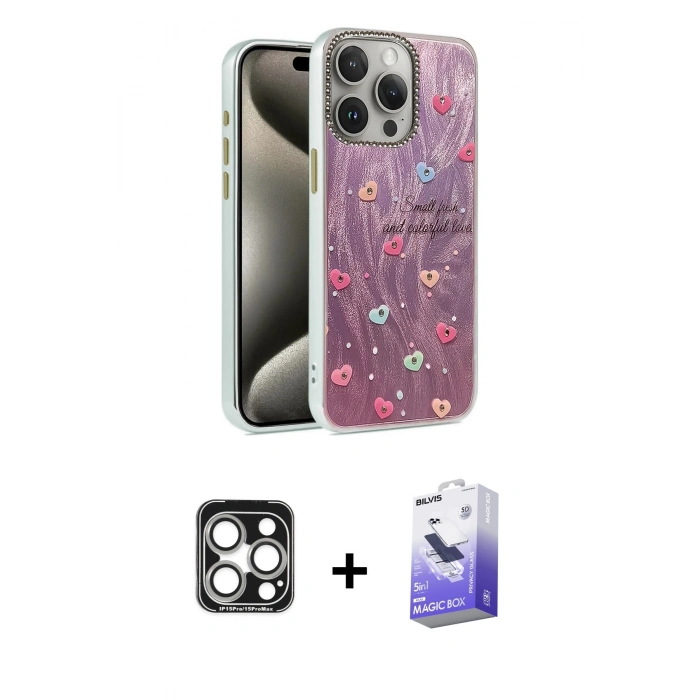 MARSİLYAN™- iPhone 15 Pro Max Kılıf Zirve Modern Prime - Siyah Bilvis 5in1 5D Magic Hayalet Cam Ekran Koruyucu + PVD Metal Kamera Lens - GS