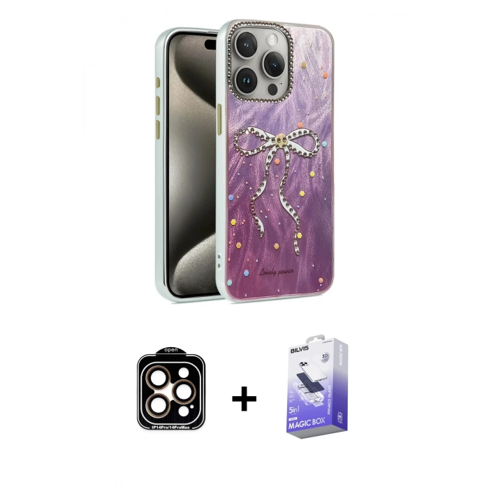 MARSİLYAN™- iPhone 15 Pro Max Kılıf Zirve Modern Prime - Siyah Bilvis 5in1 5D Magic Hayalet Cam Ekran Koruyucu + PVD Metal Kamera Lens - TU