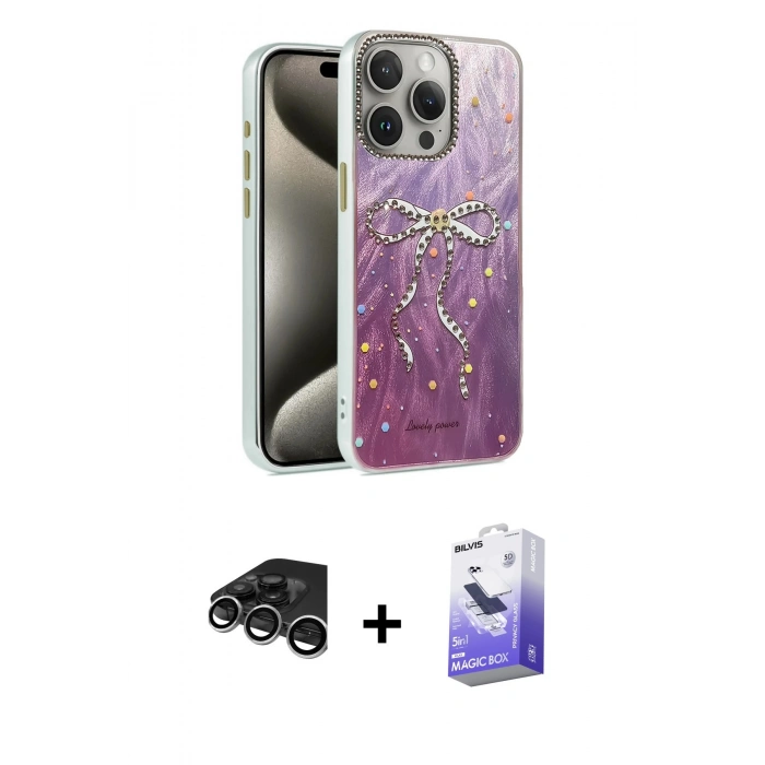 MARSİLYAN™- iPhone 15 Pro Max Kılıf Zirve Modern Prime - Siyah Bilvis 5in1 5D Magic Hayalet Cam Ekran Koruyucu + Raze Metal Kamera Lens - GS