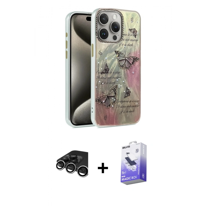 MARSİLYAN™- iPhone 15 Pro Max Kılıf Zirve Modern Prime - Siyah Bilvis 5in1 5D Magic Hayalet Cam Ekran Koruyucu + Gümüş Raze Metal Kamera Lens